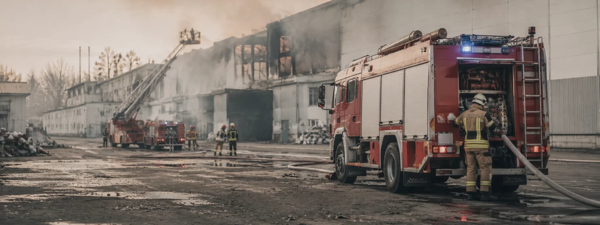Akcja gaśnicza straży pożarnej przy hali magazynowej