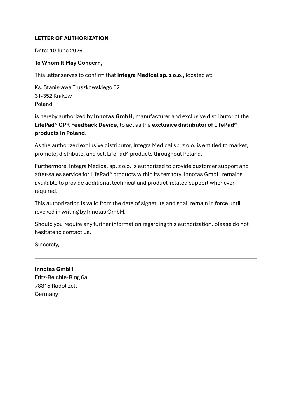 Podgląd: List autoryzacyjny – Innotas