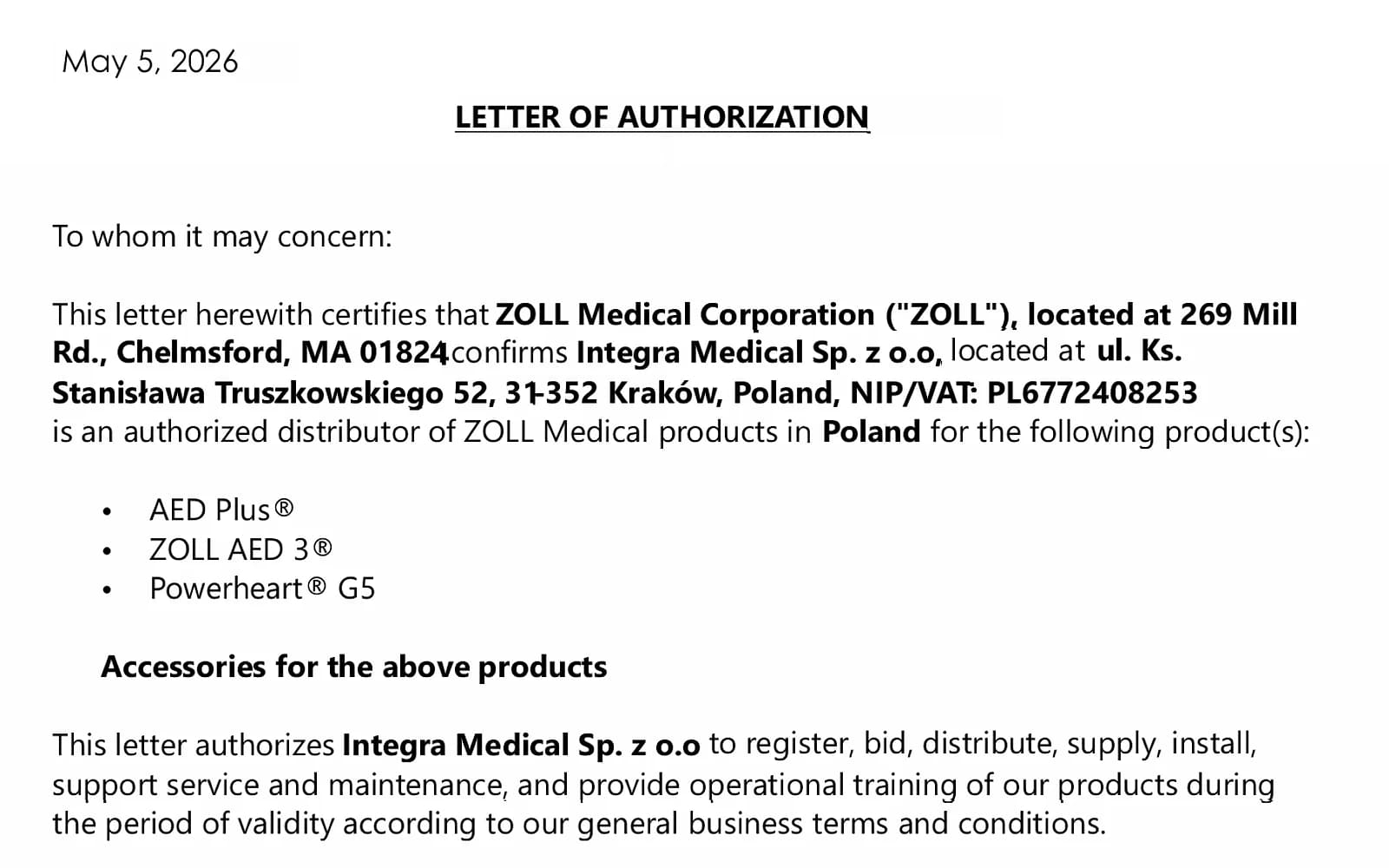 Fragment listu autoryzacyjnego ZOLL Medical Corporation dla Integra Medical: lista produktów AED Plus, ZOLL AED 3 i Powerheart G5 oraz zakres upoważnienia