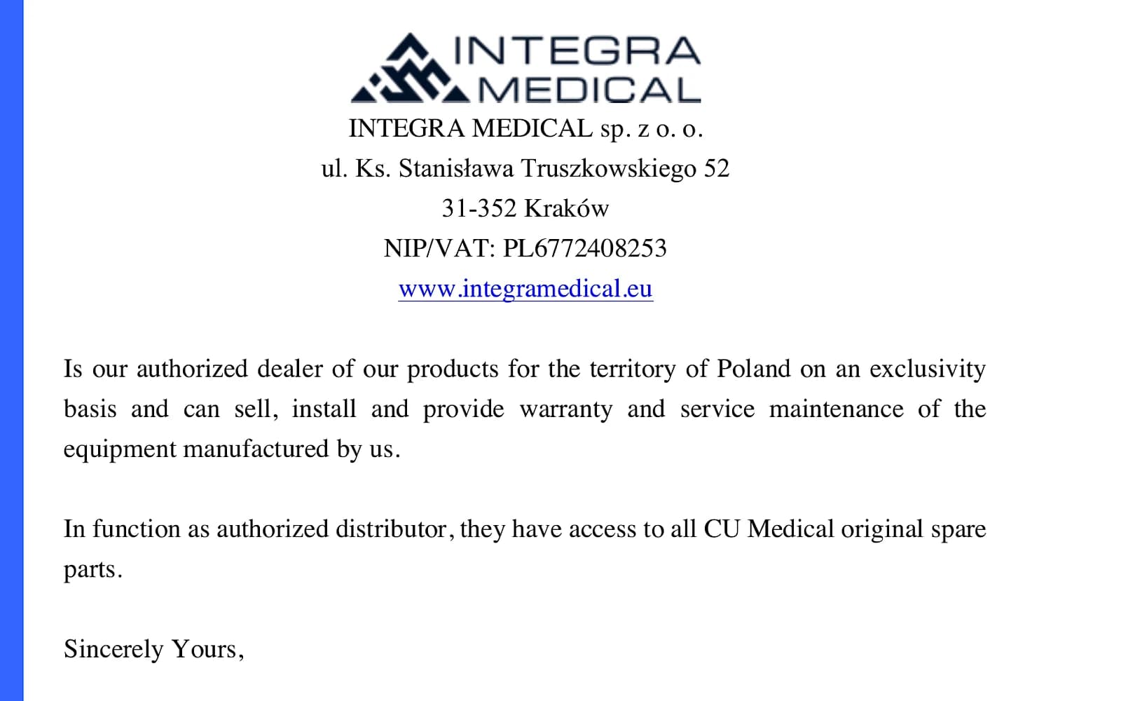 Fragment listu autoryzacyjnego CU Medical Systems dla Integra Medical: upoważnienie do sprzedaży, instalacji, gwarancji i serwisu na terytorium Polski