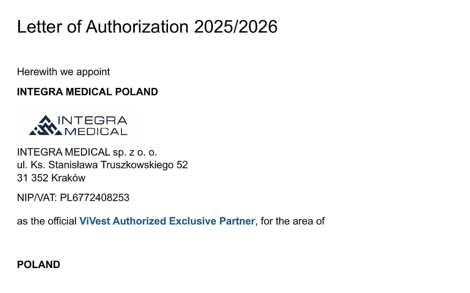 Fragment listu autoryzacyjnego ViVest na lata 2025/2026: Integra Medical wskazana jako ViVest Authorized Exclusive Partner na terytorium Polski