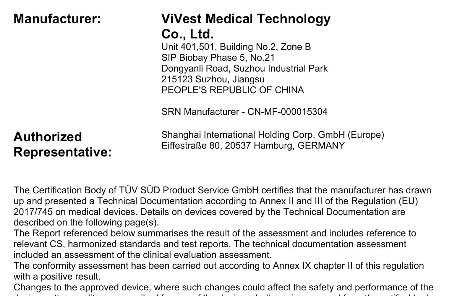 Fragment certyfikatu MDR wydanego przez TÜV SÜD: dane producenta ViVest Medical Technology i numer SRN producenta