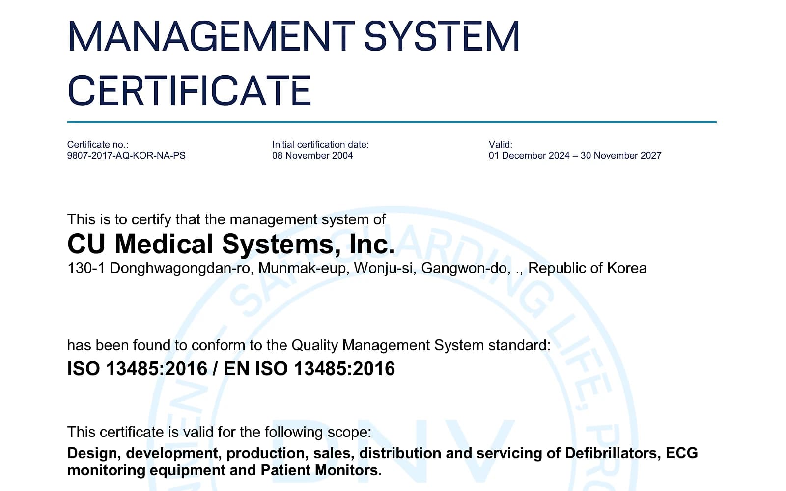 Fragment certyfikatu DNV dla CU Medical Systems: numer certyfikatu, daty ważności, norma ISO 13485:2016 i zakres certyfikacji