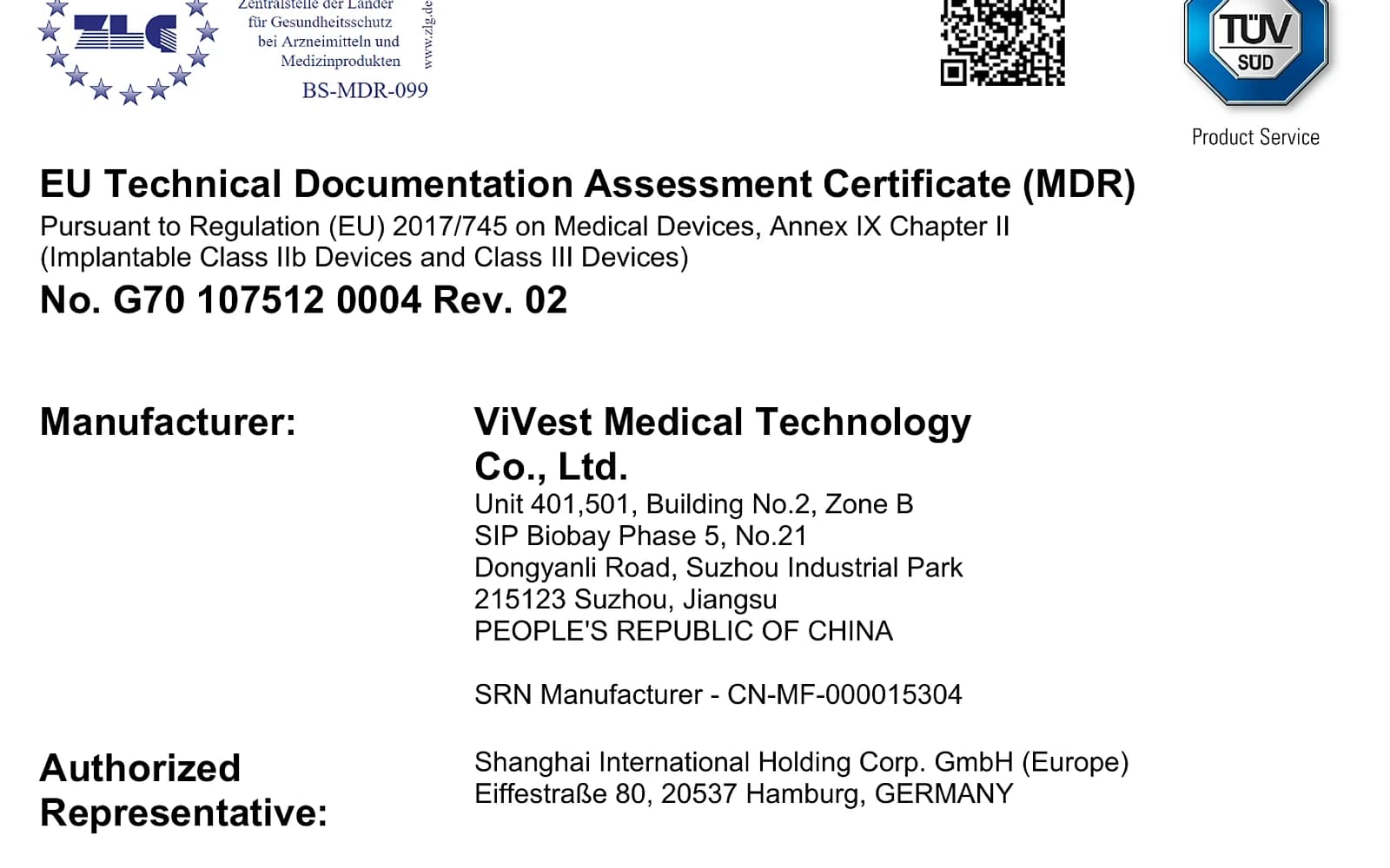 Nagłówek certyfikatu oceny dokumentacji technicznej MDR wydanego przez TÜV SÜD Product Service dla ViVest Medical Technology