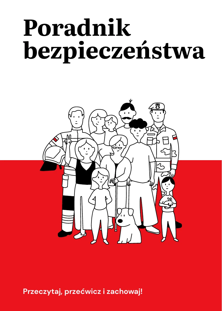 Okładka „Poradnika bezpieczeństwa” z ilustracją rodziny, strażaka i żołnierza na biało-czerwonym tle