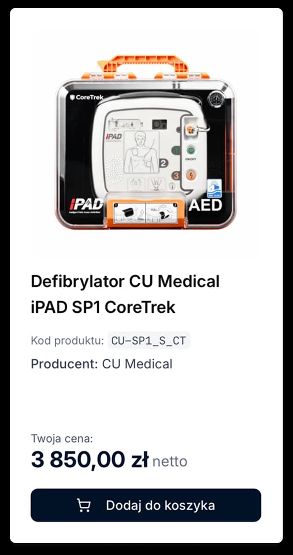 Strona defibrylatora CU Medical iPAD SP1 CoreTrek na platformie B2B