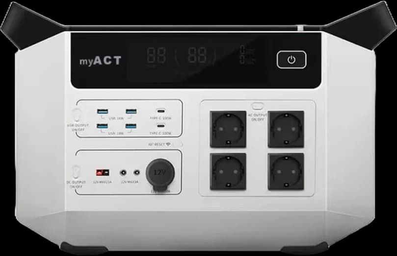 Panel przenośnej stacji zasilania myACT AP2002: wyświetlacz stanu naładowania, gniazda USB, cztery gniazda 230 V i wyjścia DC