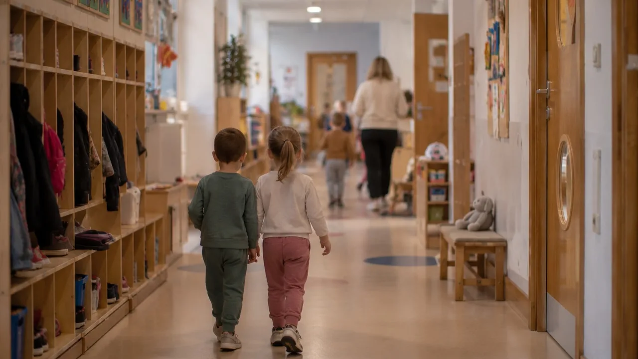 Korytarz przedszkola z szatnią i dziećmi idącymi do sal