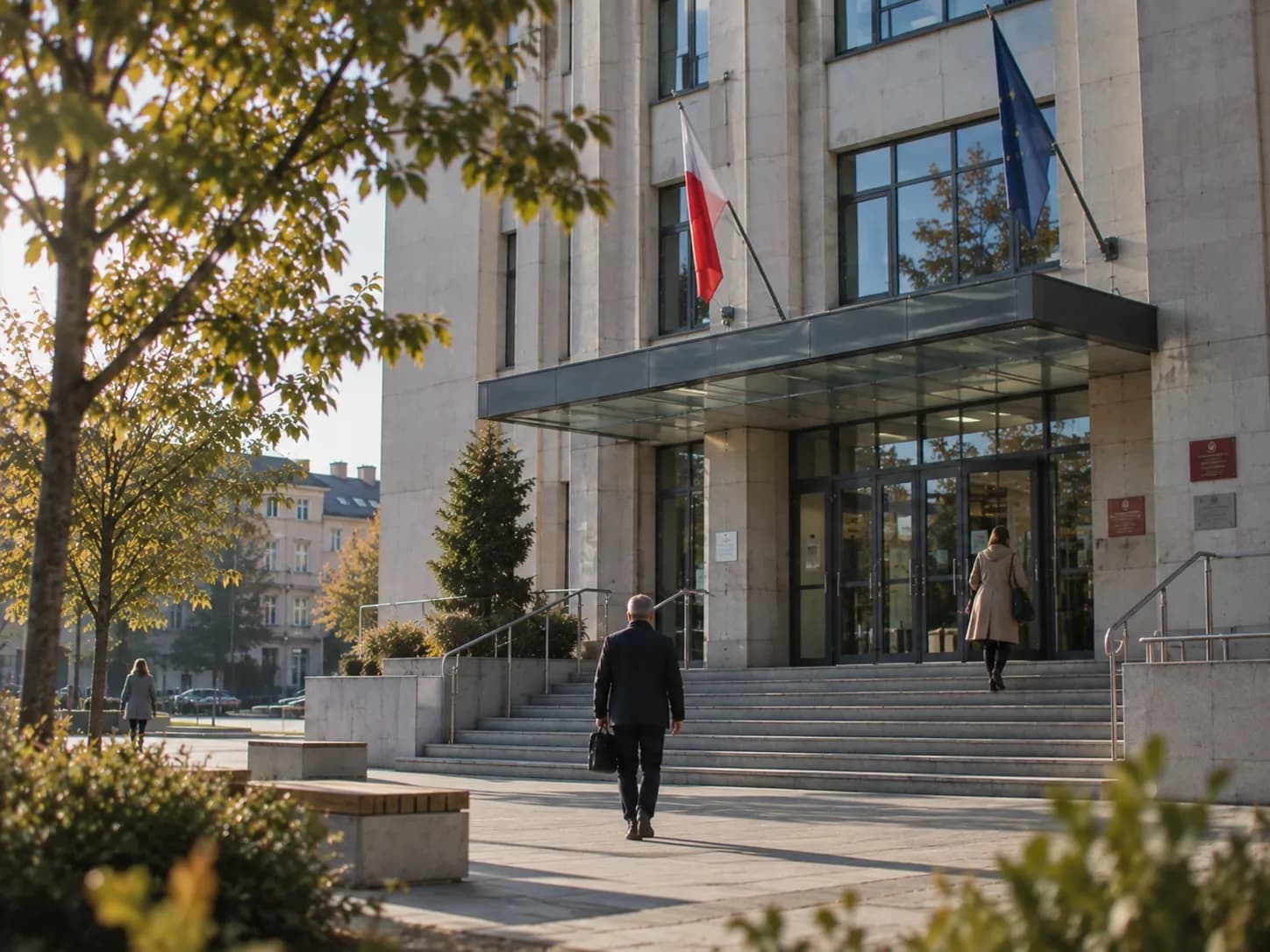 Wejście do budynku urzędu z flagami Polski i Unii Europejskiej