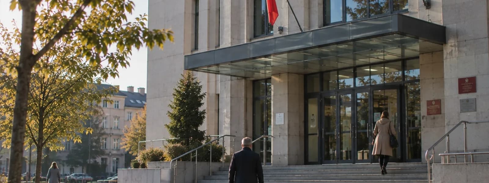 Wejście do budynku urzędu z flagami