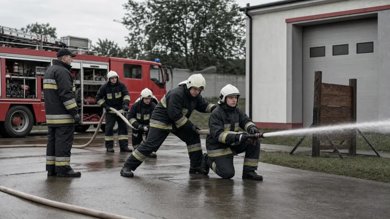Strażacy podczas ćwiczeń z wężem gaśniczym przy wozie