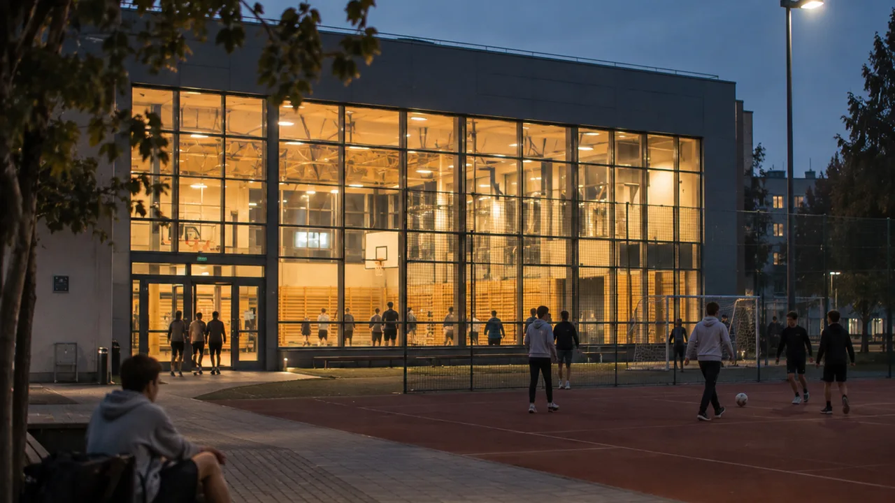 Oświetlona hala sportowa szkoły wieczorem i uczniowie na boisku