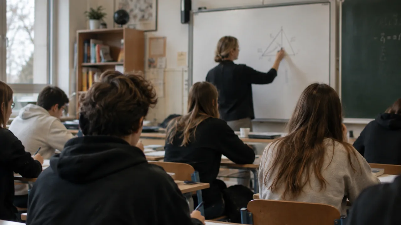 Uczniowie w sali lekcyjnej podczas zajęć z nauczycielką przy tablicy