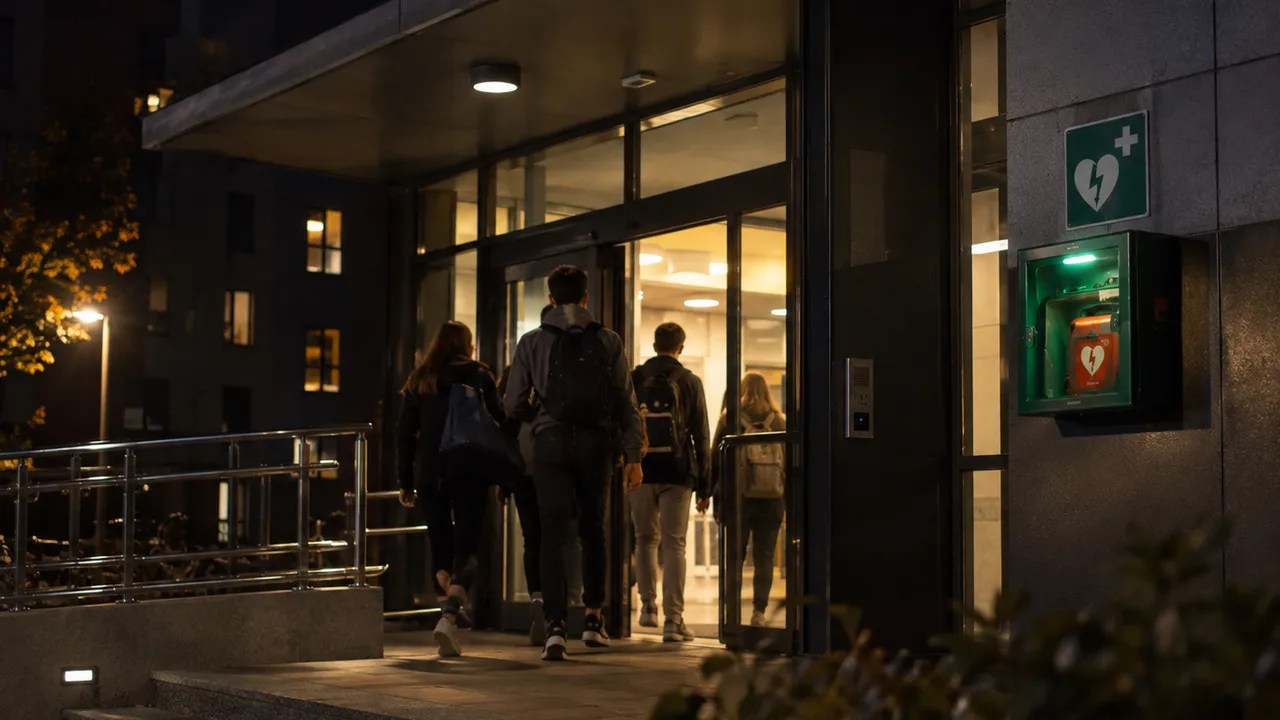 Wejście do akademika wieczorem ze studentami i szafką AED przy drzwiach