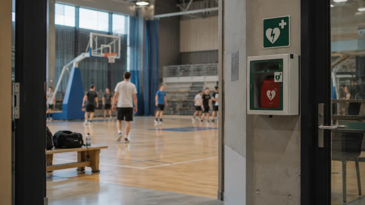 Hala sportowa uczelni z szafką AED przy wejściu i studentami grającymi w koszykówkę