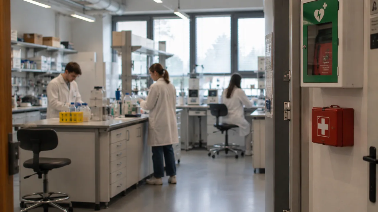 Laboratorium uczelni ze studentami w fartuchach oraz szafką AED i apteczką przy drzwiach